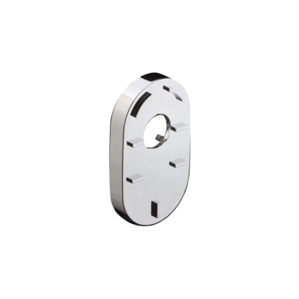 Metallene Fliesenausgleichscheibe von Hansgrohe in chromfarbener Ausführung. Die Oberfläche ist glatt und reflektierend. Enthält Aussparungen zur Befestigung.